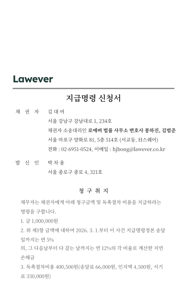 변호사가 작성한 지급명령 신청서 예시